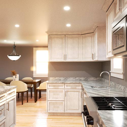 Interior rendering of a kitchen.