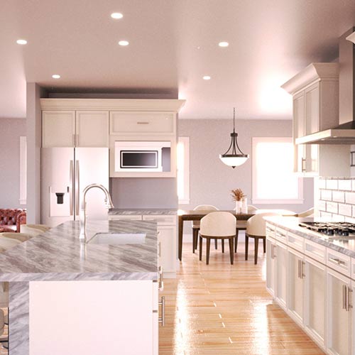 Interior rendering of a kitchen.